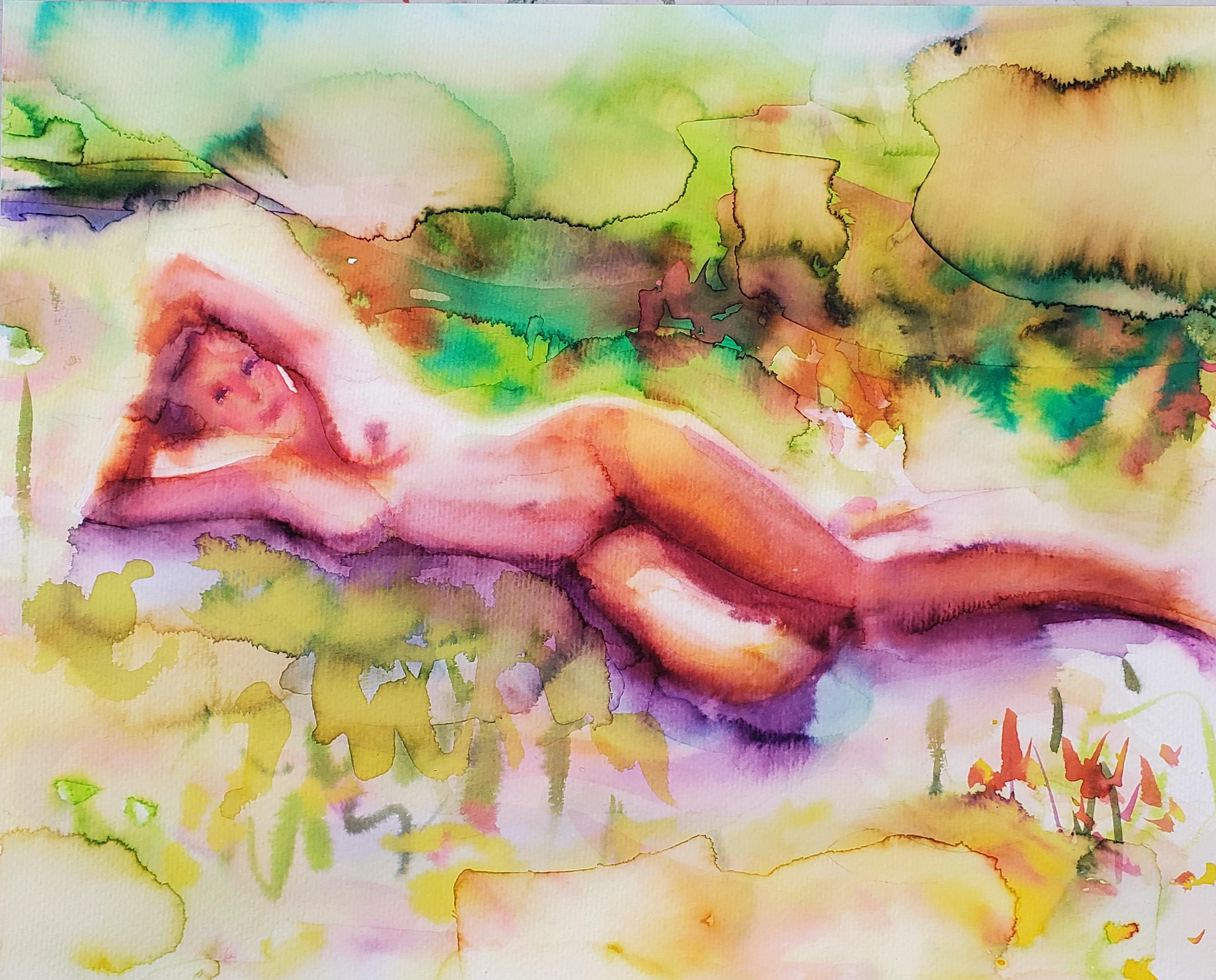 "Pretty Girl" Figurative Painting, Vibrant, Nude, Watercolor on Paper, Framed