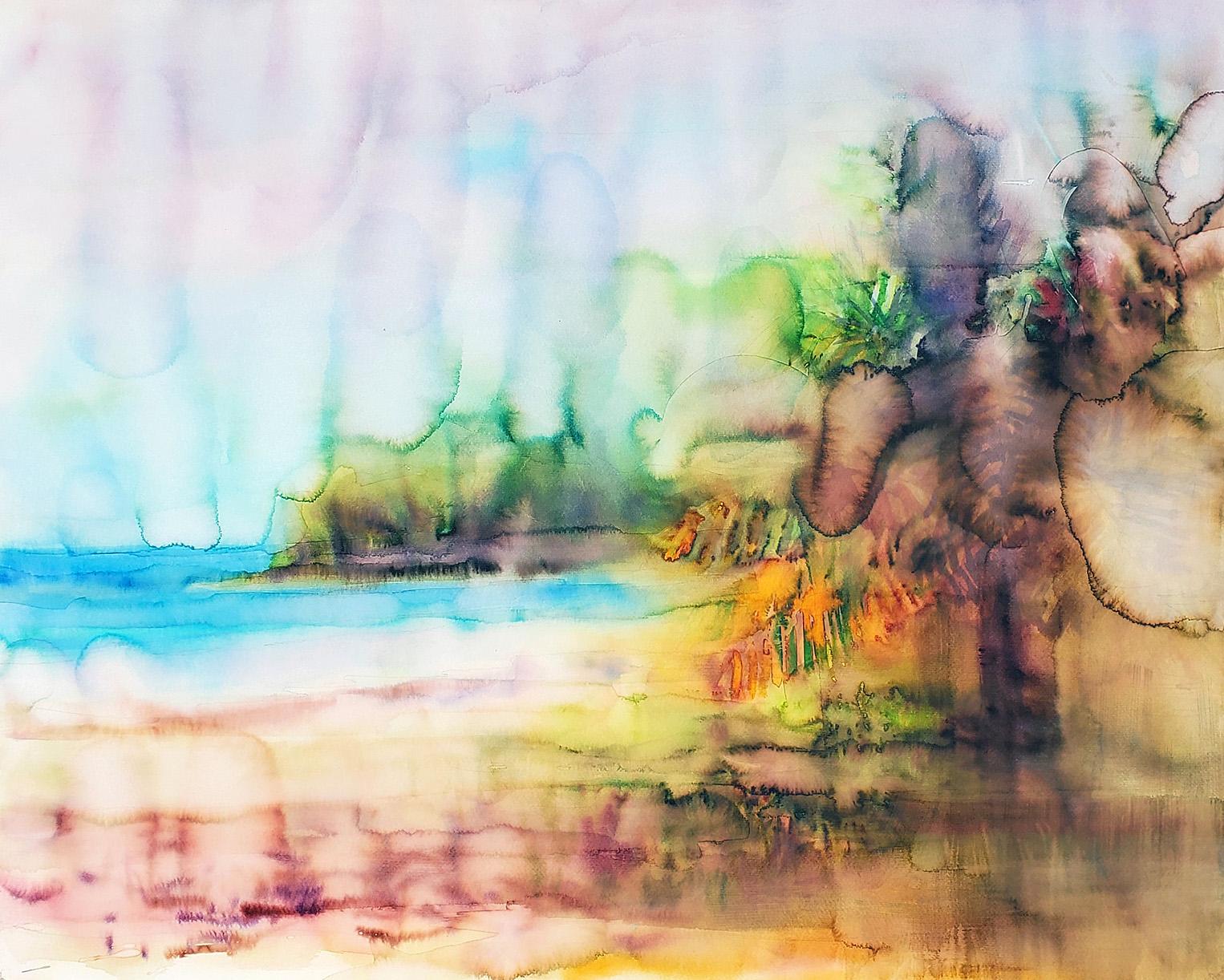 Landscape Art  Elena Chestnykh - Peinture « Rainy Day on the Beach », aquarelle sur papier, plage, tropicale, encadrée