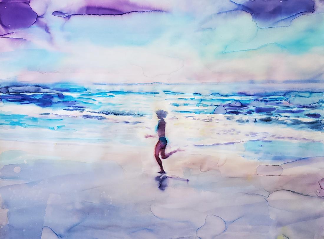  Elena Chestnykh Landscape Art - "Sparkling Day" Landscape Painting, Beach, Watercolor on Paper, Framed