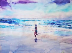 "Sparkling Day" Landscape Painting, Beach, Watercolor on Paper, Framed