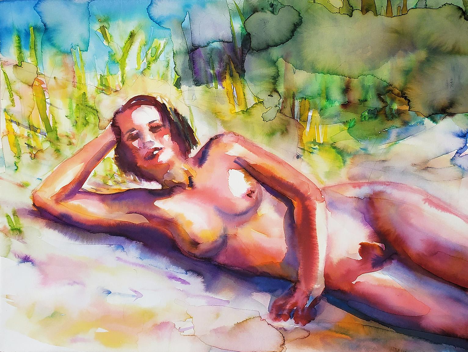 Nude  Elena Chestnykh - Peinture figurative « Summer Idling », nu, aquarelle sur papier, encadrée