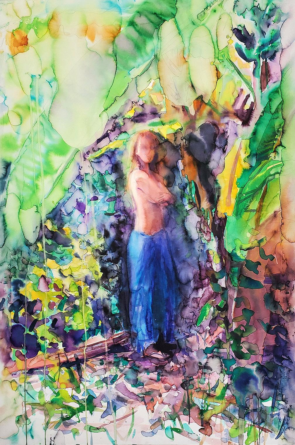  Elena Chestnykh Figurative Art - "Sunshine in Tropical Garden" Jungle, Figurative Painting, Watercolor, Framed