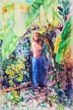 « Sunshine in Tropical Garden » Jungle, peinture figurative, aquarelle, encadrée