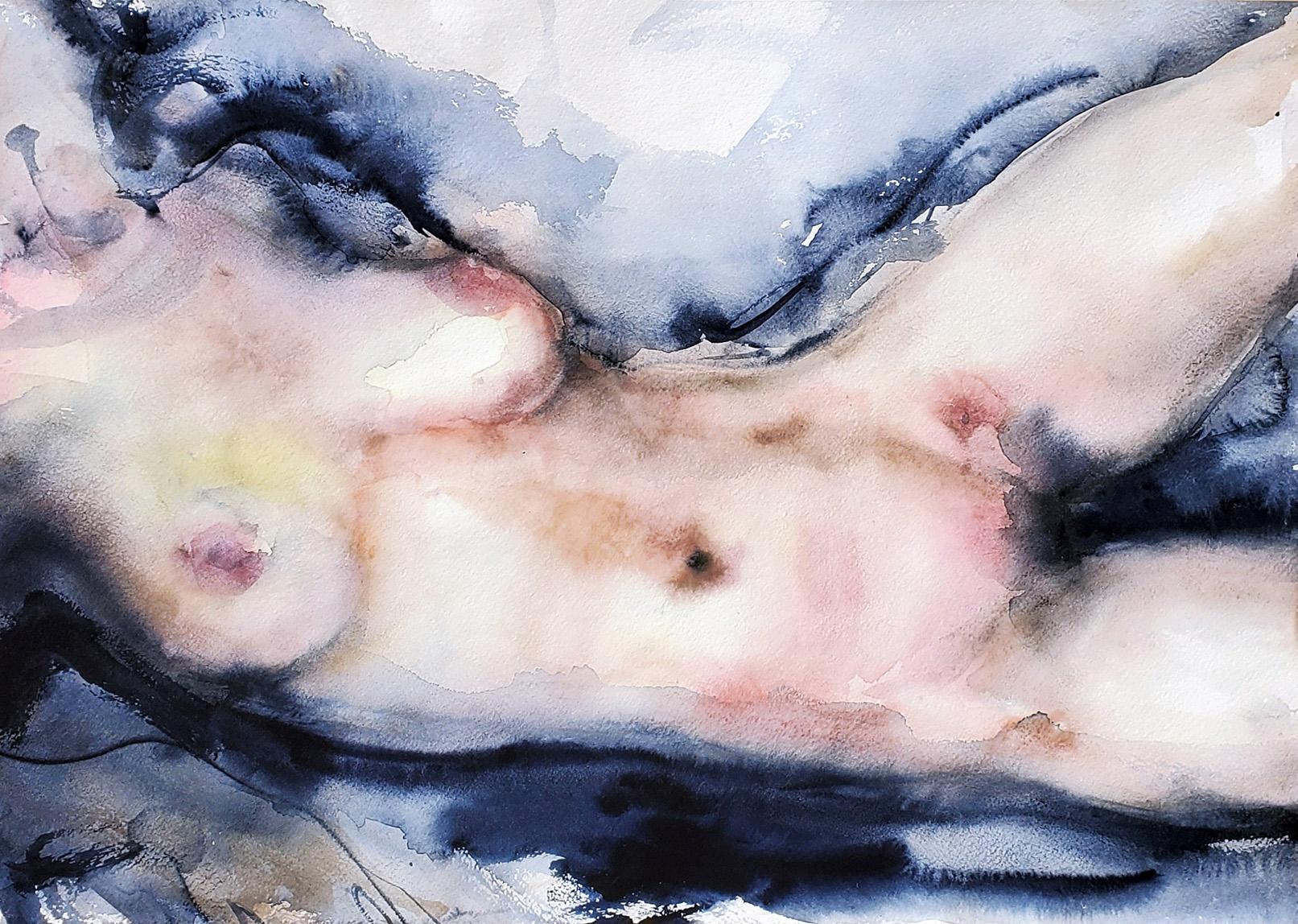 "Temptation" Figurative Painting, Nude, Watercolor on Paper, Framed - Art by  Elena Chestnykh