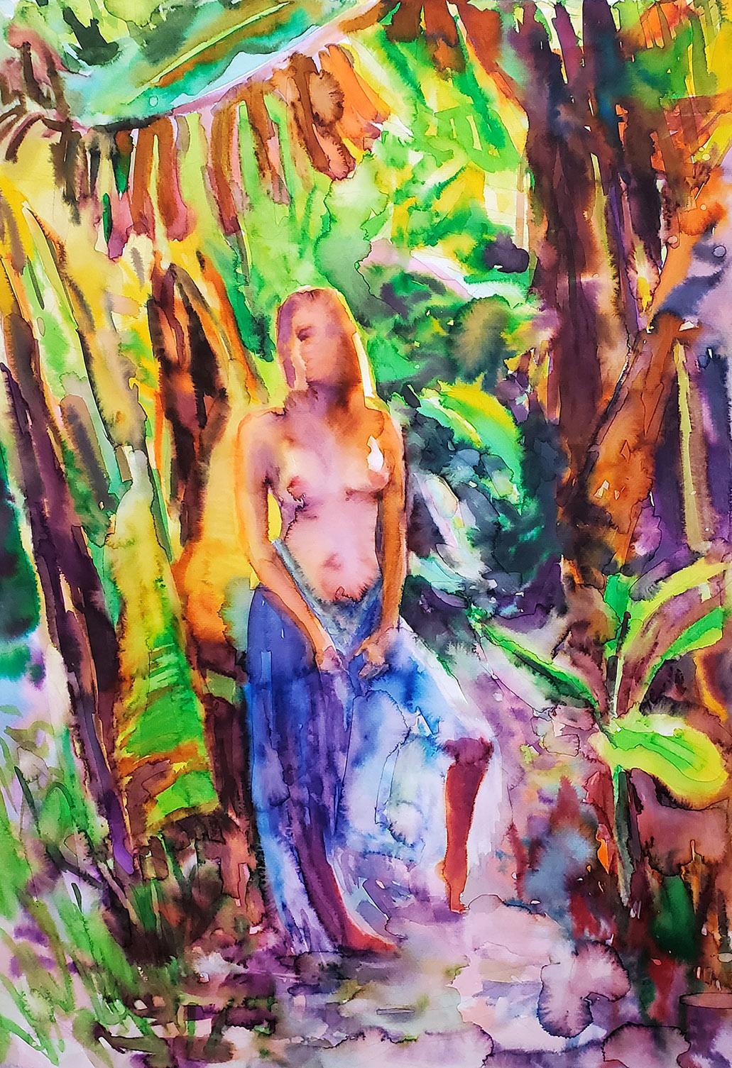  Elena Chestnykh Figurative Art – „Tropisches Paradies“ Figuratives Gemälde, Aquarell, Akt, Dschungel, Tropisch