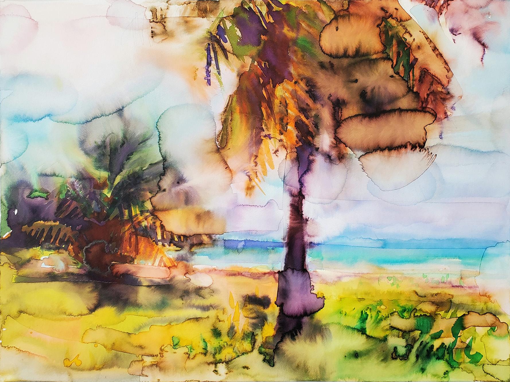 "Vieques in April" Painting, Watercolor on Paper, Beach, Palm Trees, Landscape - Art by  Elena Chestnykh