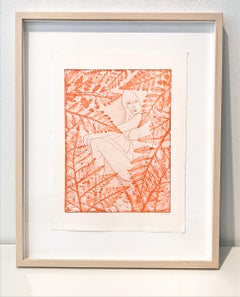 "Eve in the Leaves" Intaglio Etching, Watercolor on Rives Cotton Paper, Framed