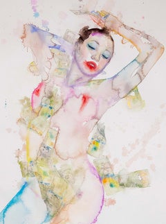 "MANIFESTING RICHES" Figurative Painting, Watercolor on Paper, Wood Stretchers