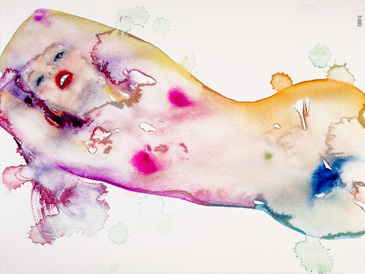 Fahren Feingold Nude - "WOUNDED HEARTS NEED TO HEAL" Figurative Painting, Watercolor on Arches Paper