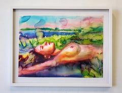 "Dreaming by the River" Figurative Drawing, Nude, Vibrant, Watercolor, Framed