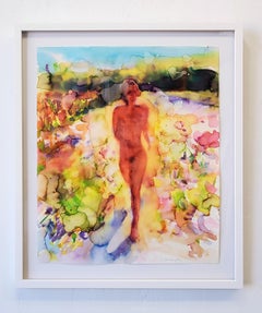 "Flowers and Butterflies" Figurative Painting, Nude, Nature, Framed