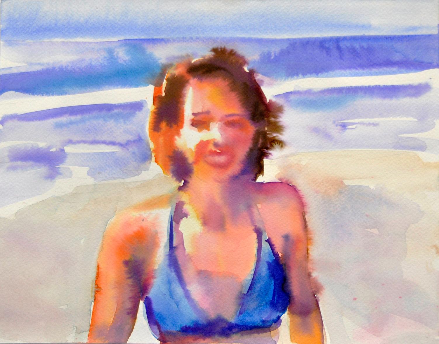 "In Love With Summer" Portrait, Beach, Watercolor on Paper, Framed - Art by  Elena Chestnykh