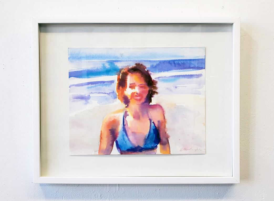 „In Love With Summer“ Porträt, Strand, Aquarell auf Papier, gerahmt – Art von  Elena Chestnykh