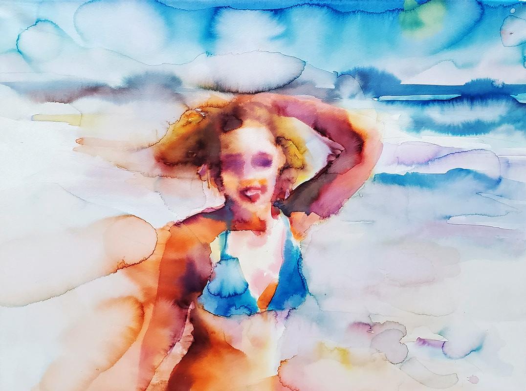 "Happiness is a Butterfly" Portrait, Beach, Watercolor on Paper, Framed - Art by  Elena Chestnykh