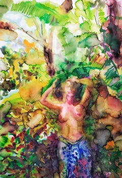 « In Tropical Garden », peinture figurative d'un nu, aquarelle sur papier, encadrée