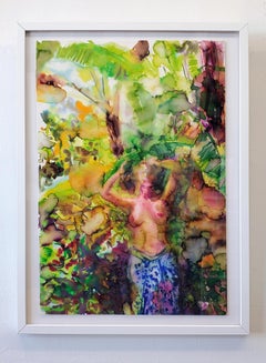 "In Tropical Garden" Figurative Painting, Nude, Watercolor on Paper, Framed