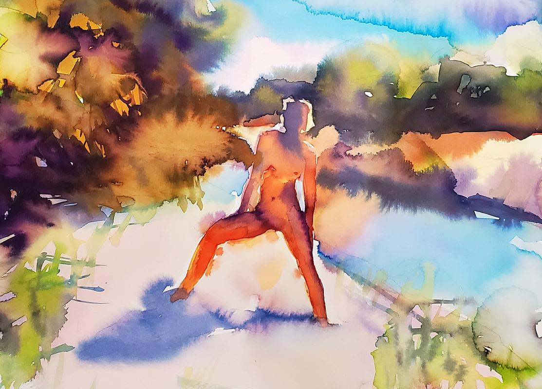 « Naked Happiness », peinture figurative d'un nu, Jungle, aquarelle sur papier