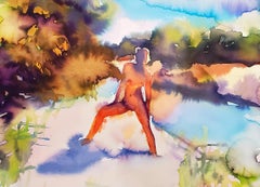 « Naked Happiness », peinture figurative d'un nu, Jungle, aquarelle sur papier