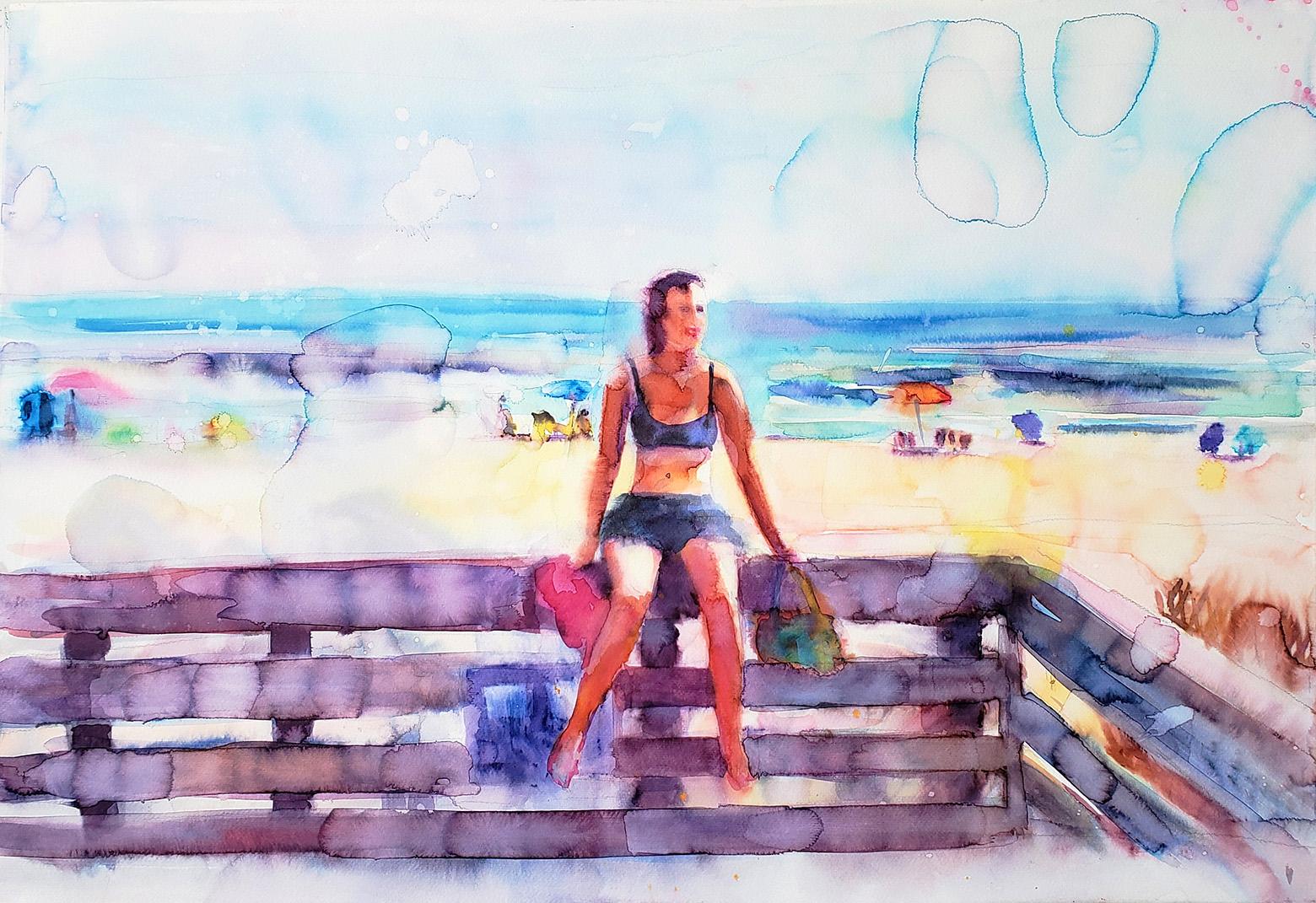 „Ocean Beach“ Figuratives Gemälde, Strand, Landschaft, Aquarell, gerahmt