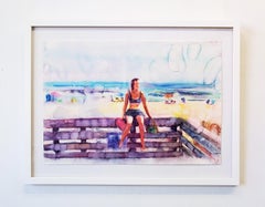 "Ocean Beach" Figurative Painting, Beach, Landscape, Watercolor, Framed