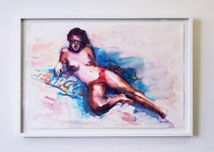 "On the Beach Again" Figurative Painting, Nude, Beach, Watercolor, Framed