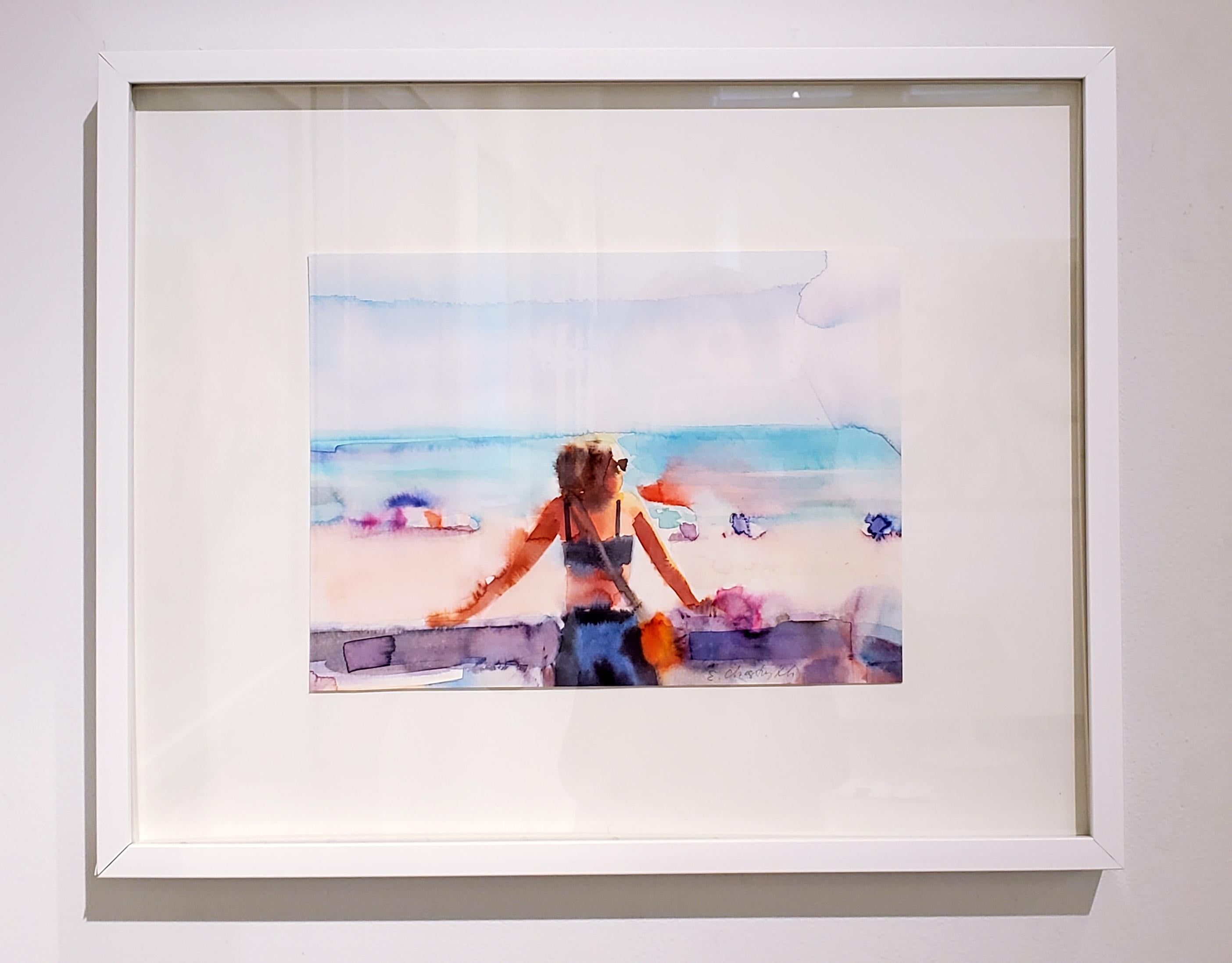 „Ein Sommertag“, figuratives Gemälde, Aquarell, Strand, Landschaft, gerahmt – Art von  Elena Chestnykh