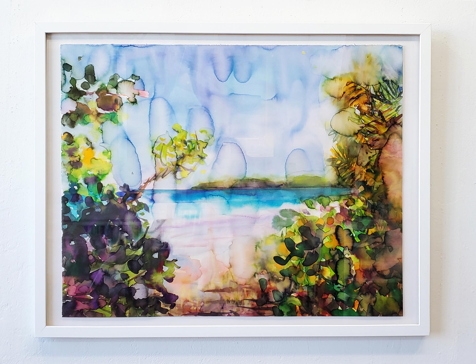 „Paradise Island“ Aquarell auf Papier, Landschaft, Strand, gerahmt – Art von  Elena Chestnykh