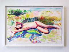 "Placid Morning" Figurative Painting, Beach, Nude Watercolor on Paper, Framed