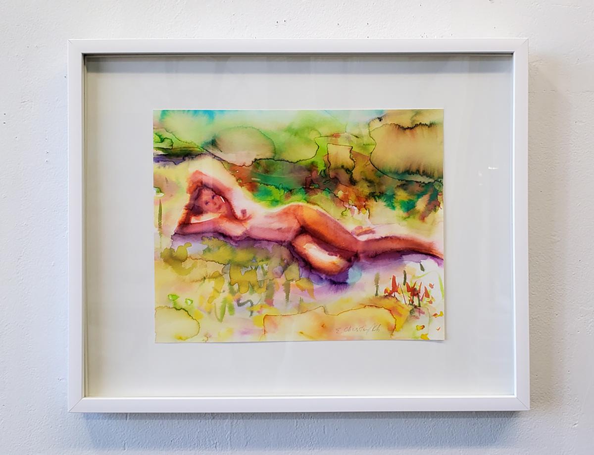 „Pretty Girl“ Figuratives Gemälde, lebhaft, nudefarben, Aquarell auf Papier, gerahmt – Art von  Elena Chestnykh