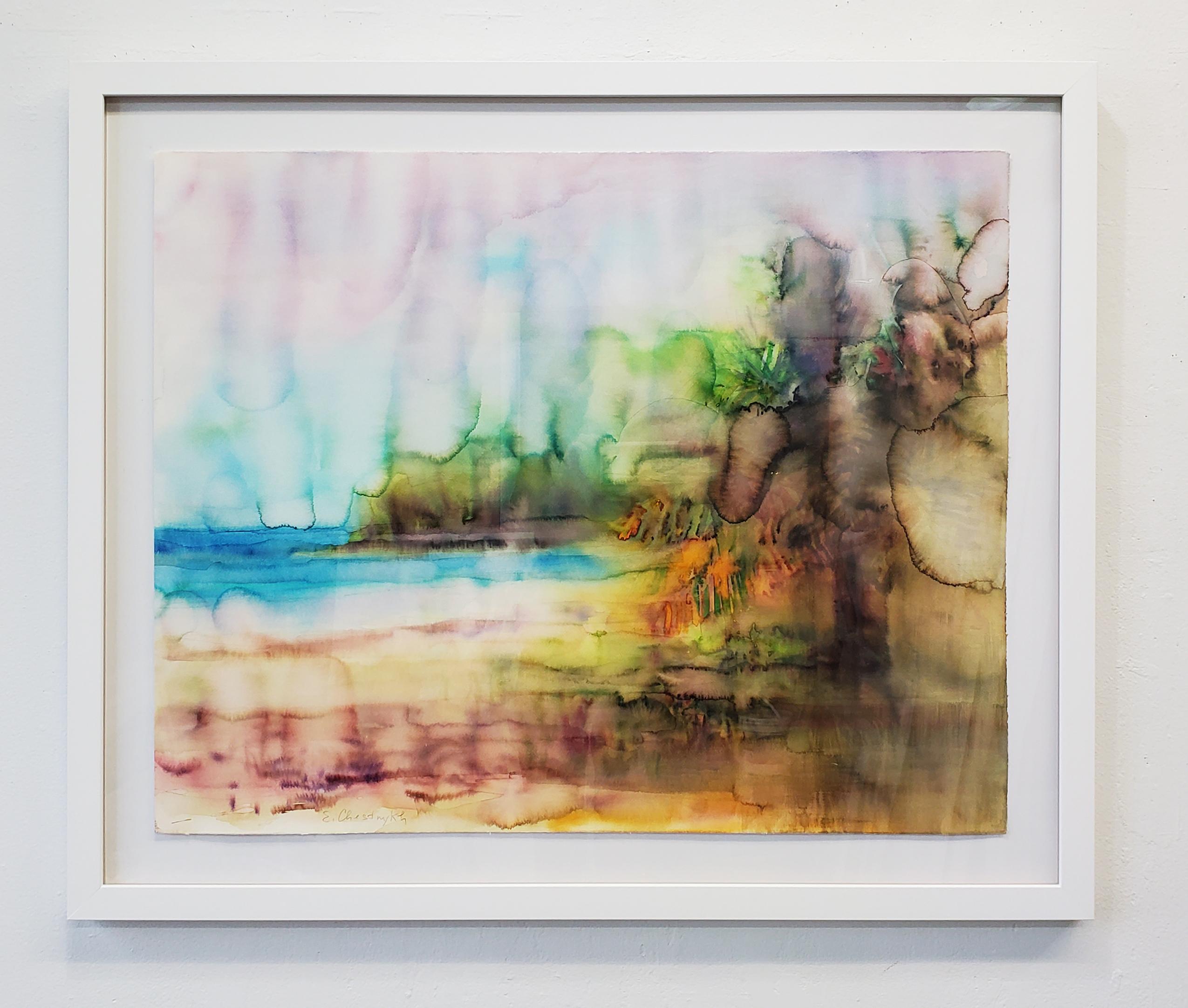 Peinture « Rainy Day on the Beach », aquarelle sur papier, plage, tropicale, encadrée - Art de  Elena Chestnykh