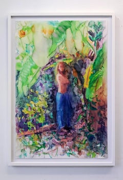 "Sunshine in Tropical Garden" Jungle, Figurative Painting, Watercolor, Framed