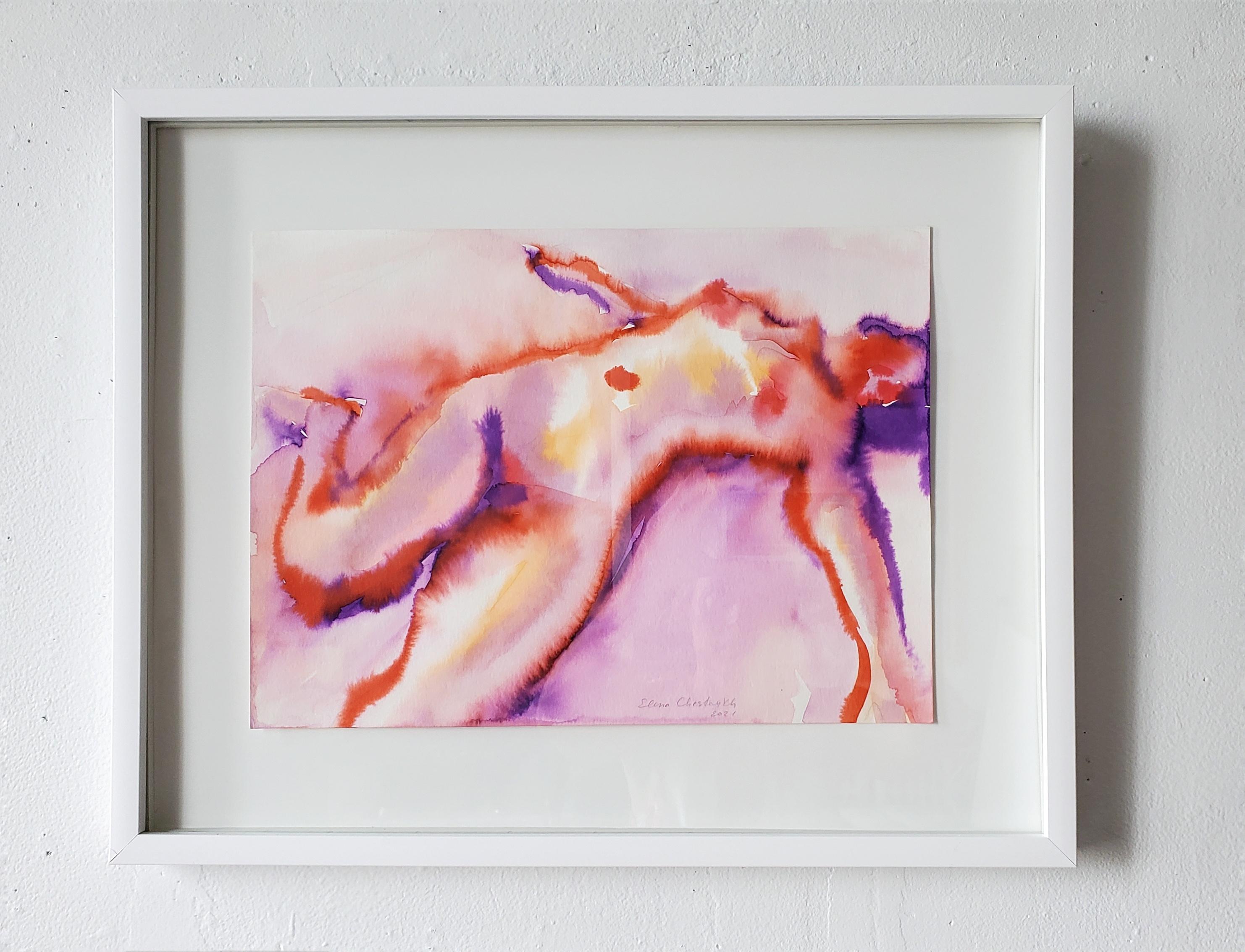„Sweet Dream“ Figuratives Gemälde, Akt, Aquarell auf Papier, gerahmt – Art von  Elena Chestnykh