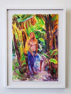 "Tropical Paradise" Figurative Painting, Watercolor, Nude, Jungle, Tropical