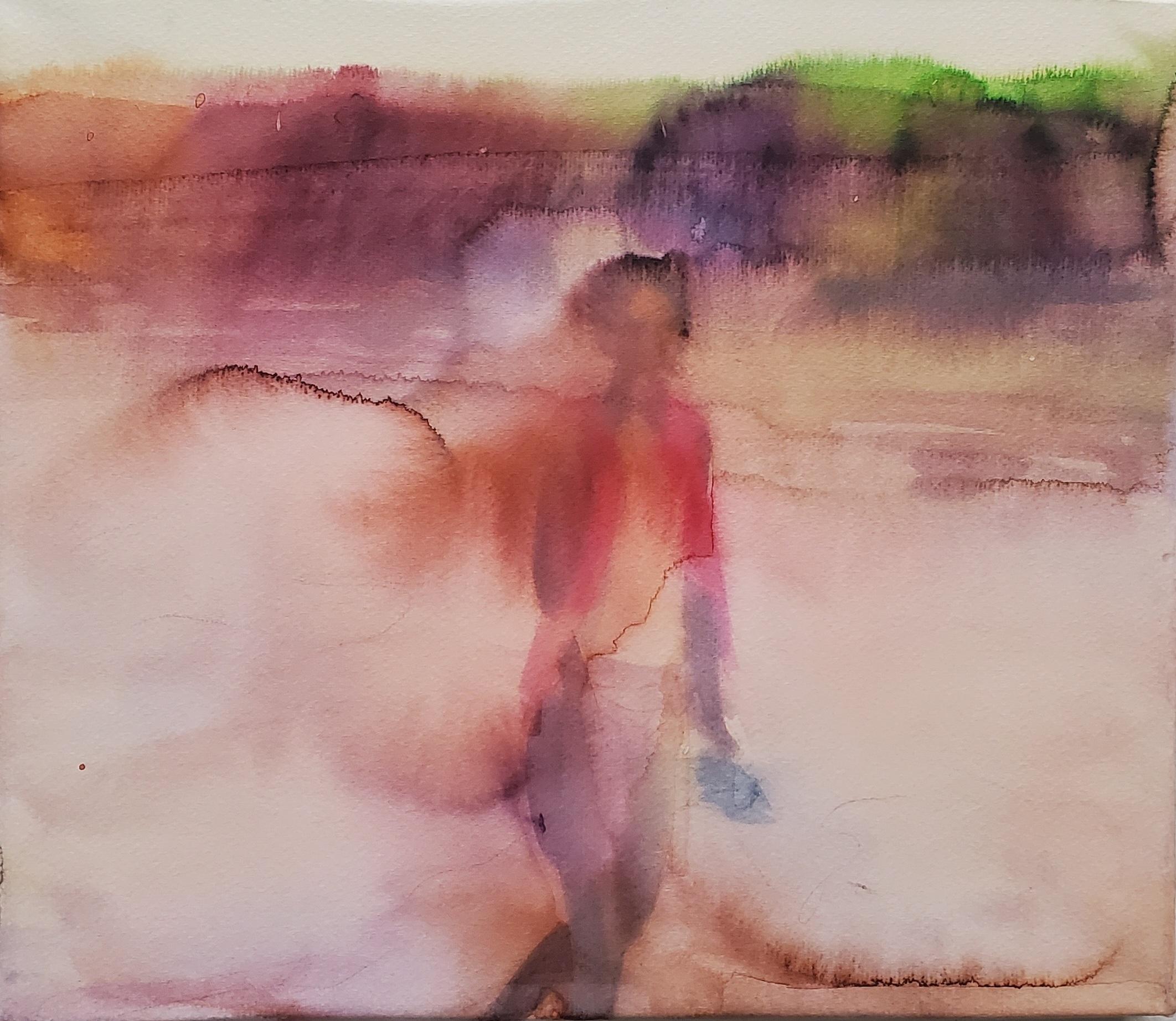 "Walk in the Morning Mist" Portrait, Beach, Watercolor, Work on Paper - Art by  Elena Chestnykh