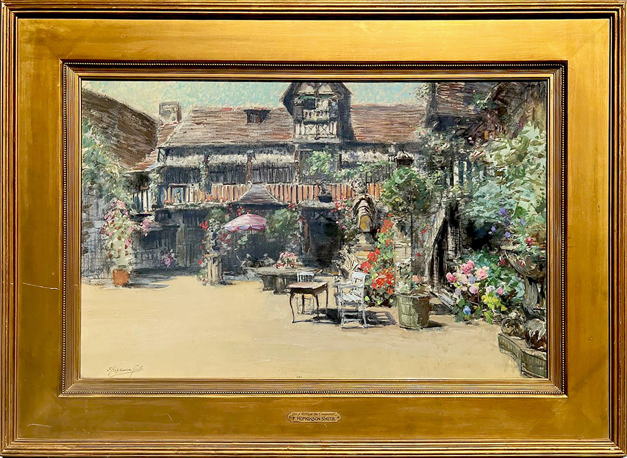 Das Gemälde "The Courtyard at the Inn of William the Conqueror" des amerikanischen Künstlers Francis Hopkinson Smith (1838-1915), ca. 1905-1910, besteht aus Aquarell, Gouache und Kohle auf Papier. Das Gemälde misst 24 x 36 Zoll und ist unten links