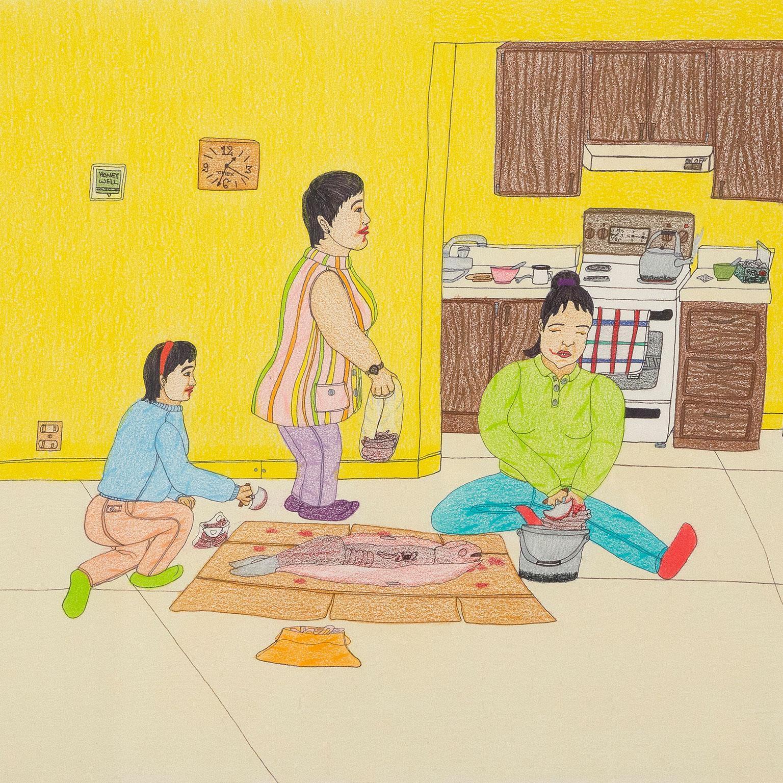 In the Kitchen - Realist Art by Annie Pootoogook