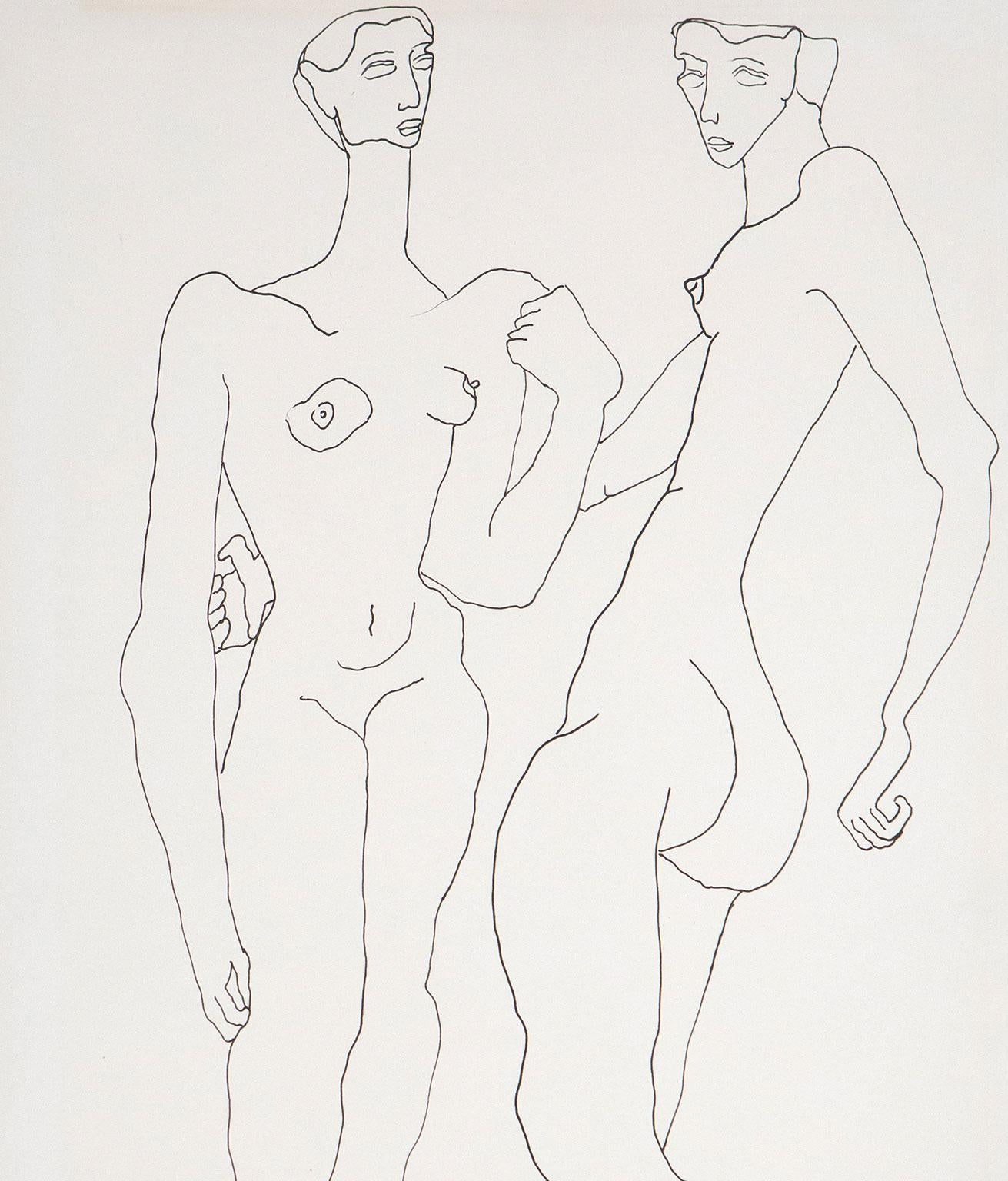 Two Nudes, USA, circa 1930s  Signed in ink by the artist  Pen and ink on paper - Modern Art by Louise Nevelson