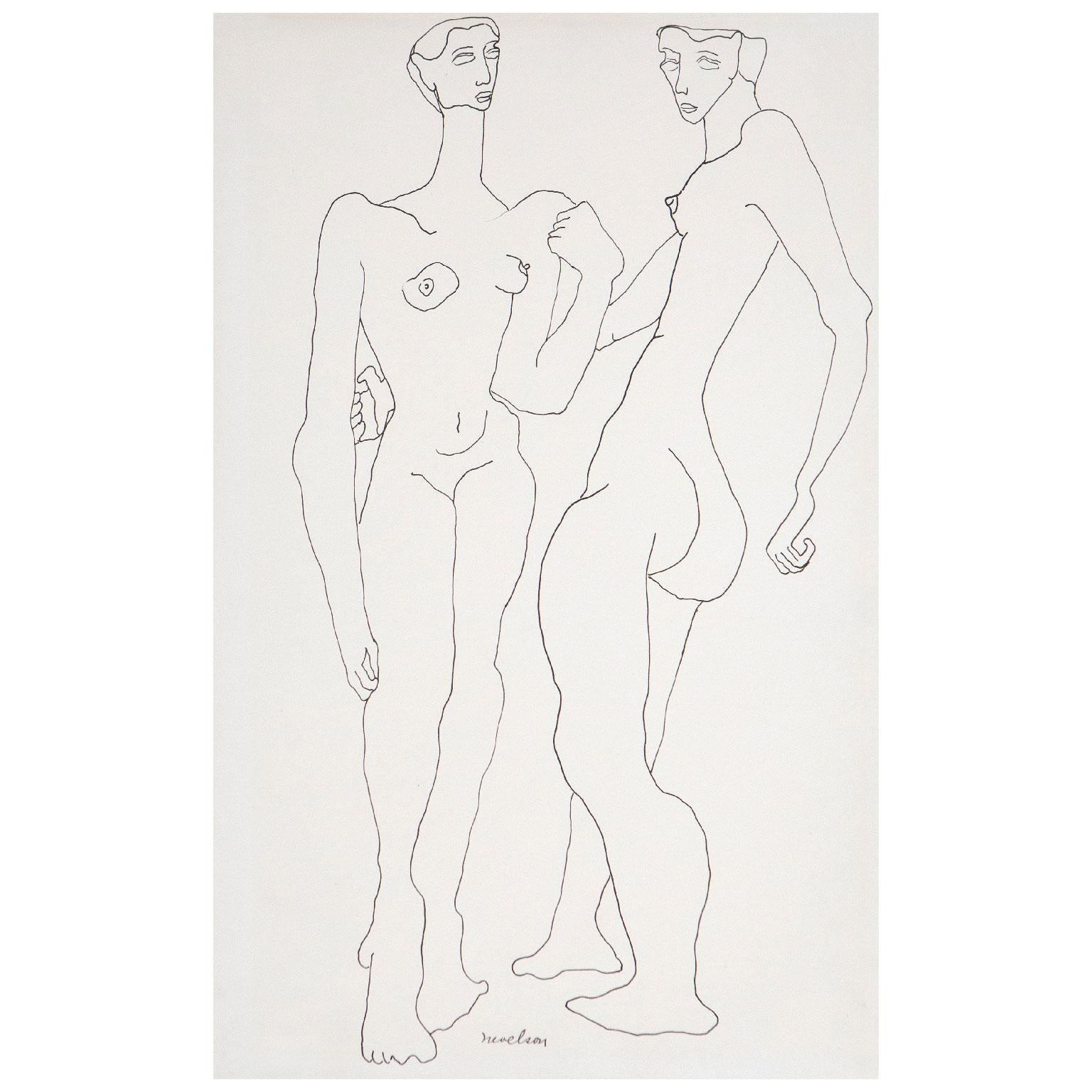 Two Nudes, USA, circa 1930s  Signed in ink by the artist  Pen and ink on paper For Sale 5
