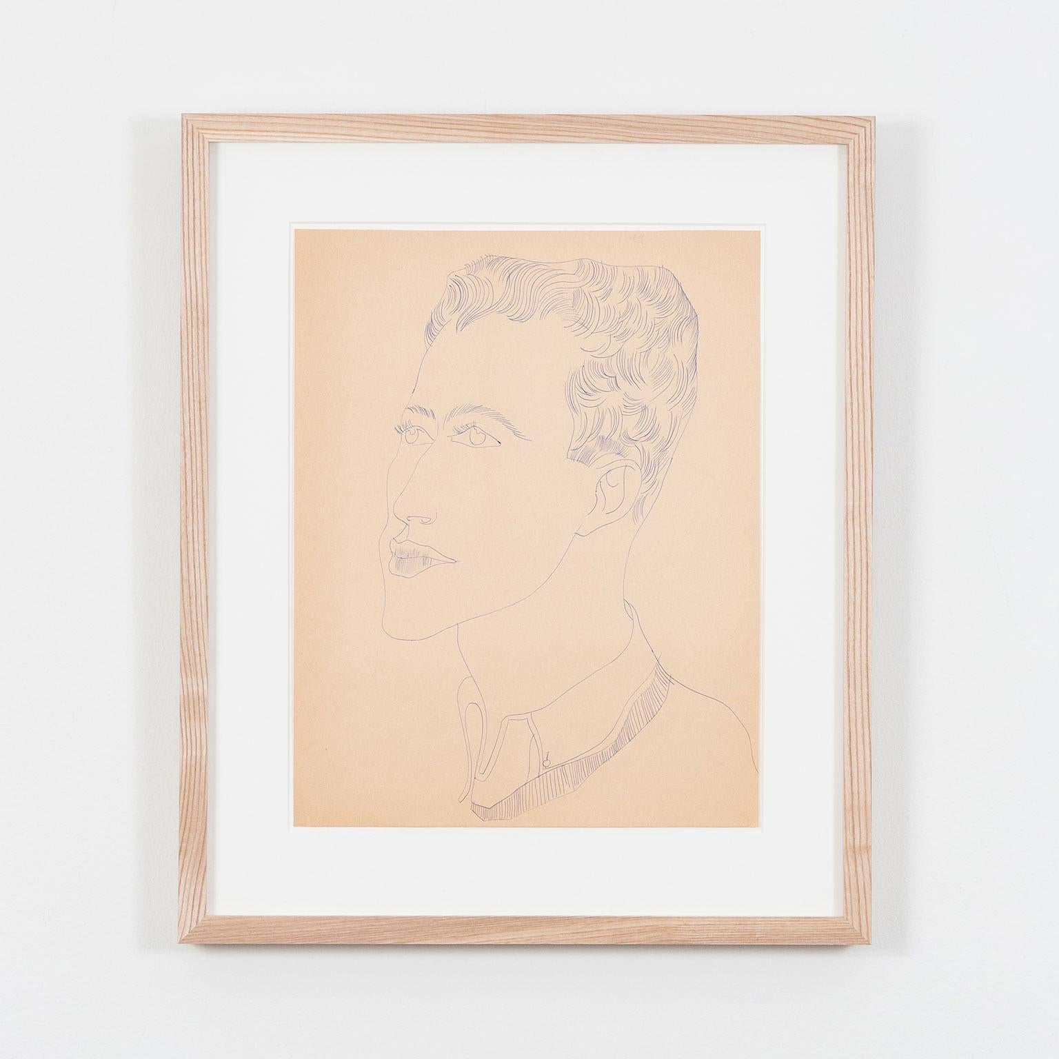 "Portrait of a Young Man (Carlo)", Blue Ballpoint Drawing, Circa 1950