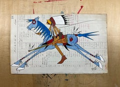 Out For More (Plains Indians Ledger Art) Indian Warrior on Pale Blue Horse