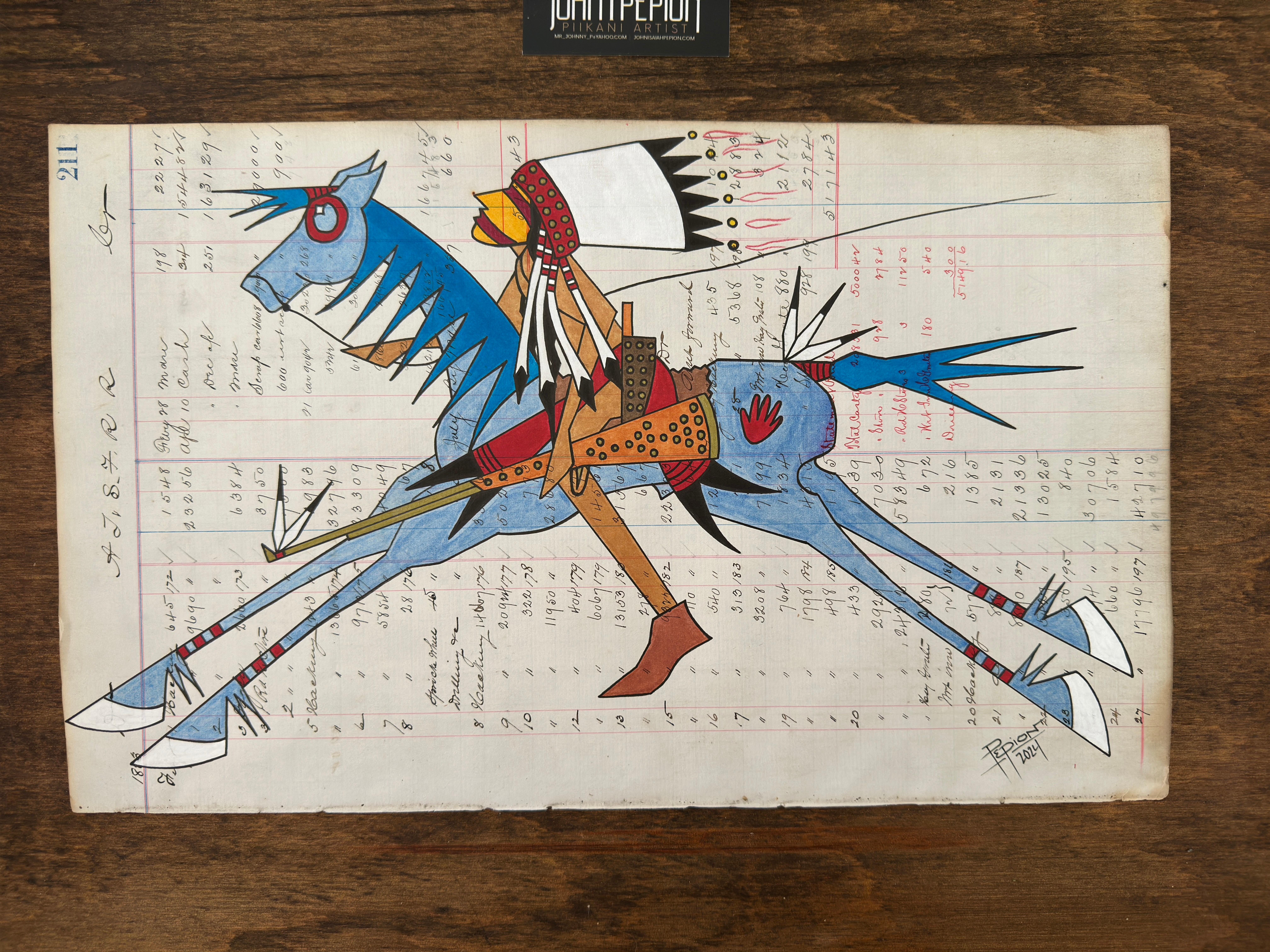 Out For More (Plains Indians Ledger Art) Guerriero indiano su cavallo blu pallido - Animal Art Beige di John Isaiah Pepion (Blackfeet)