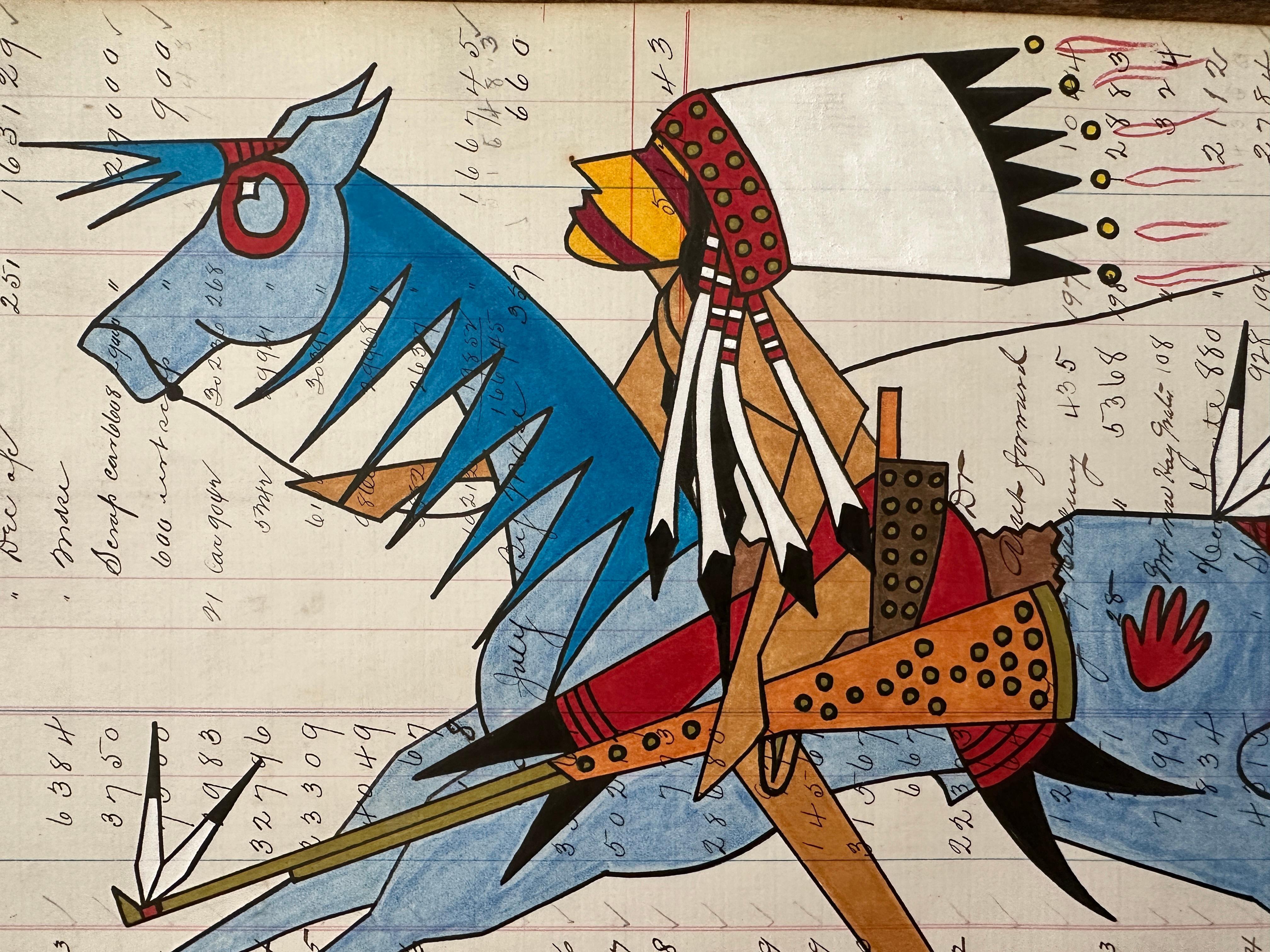 Out For More (Plains Indians Ledger Art) Guerriero indiano su cavallo blu pallido in vendita 2