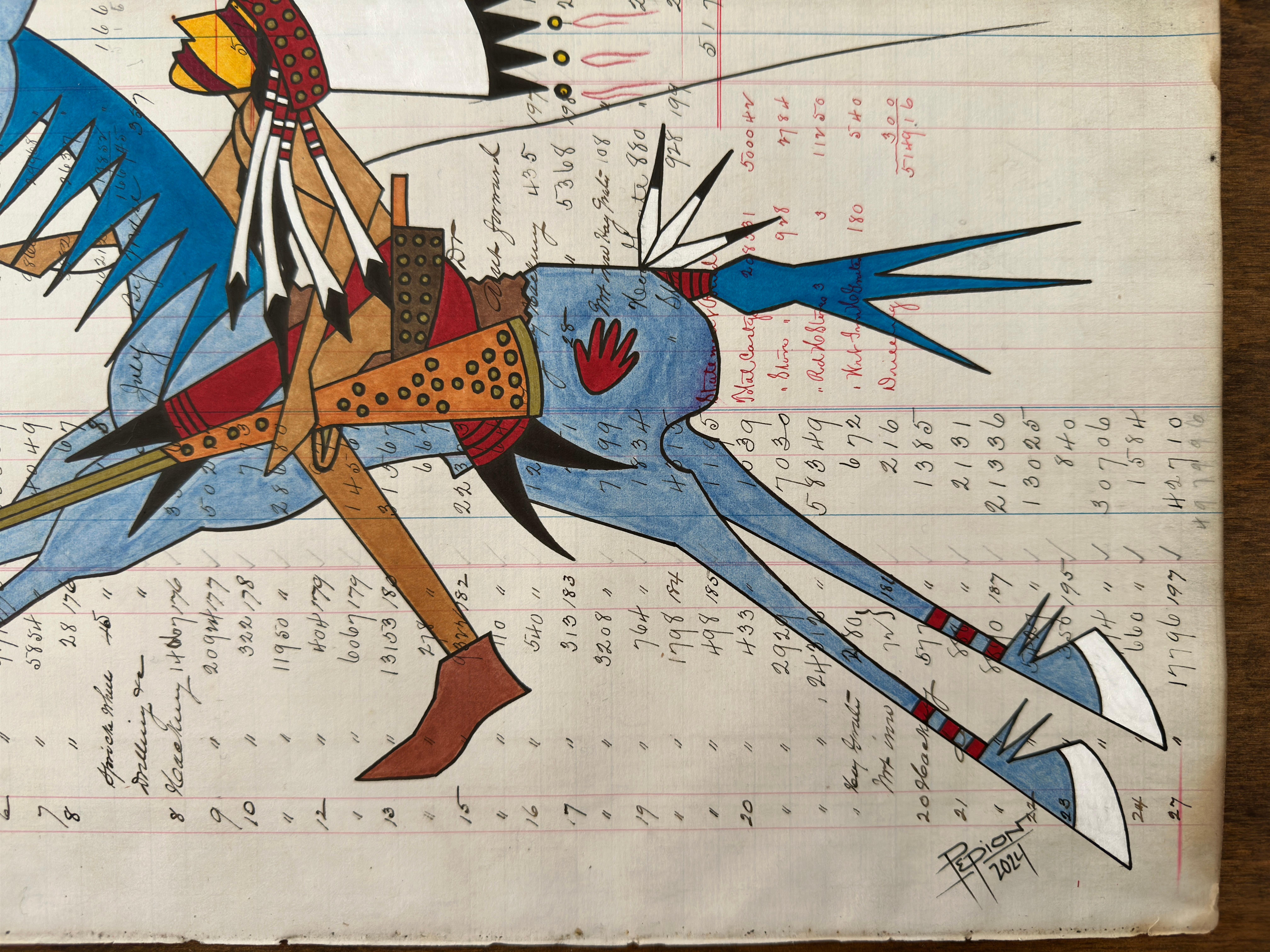 Out For More (Plains Indians Ledger Art) Guerriero indiano su cavallo blu pallido in vendita 7