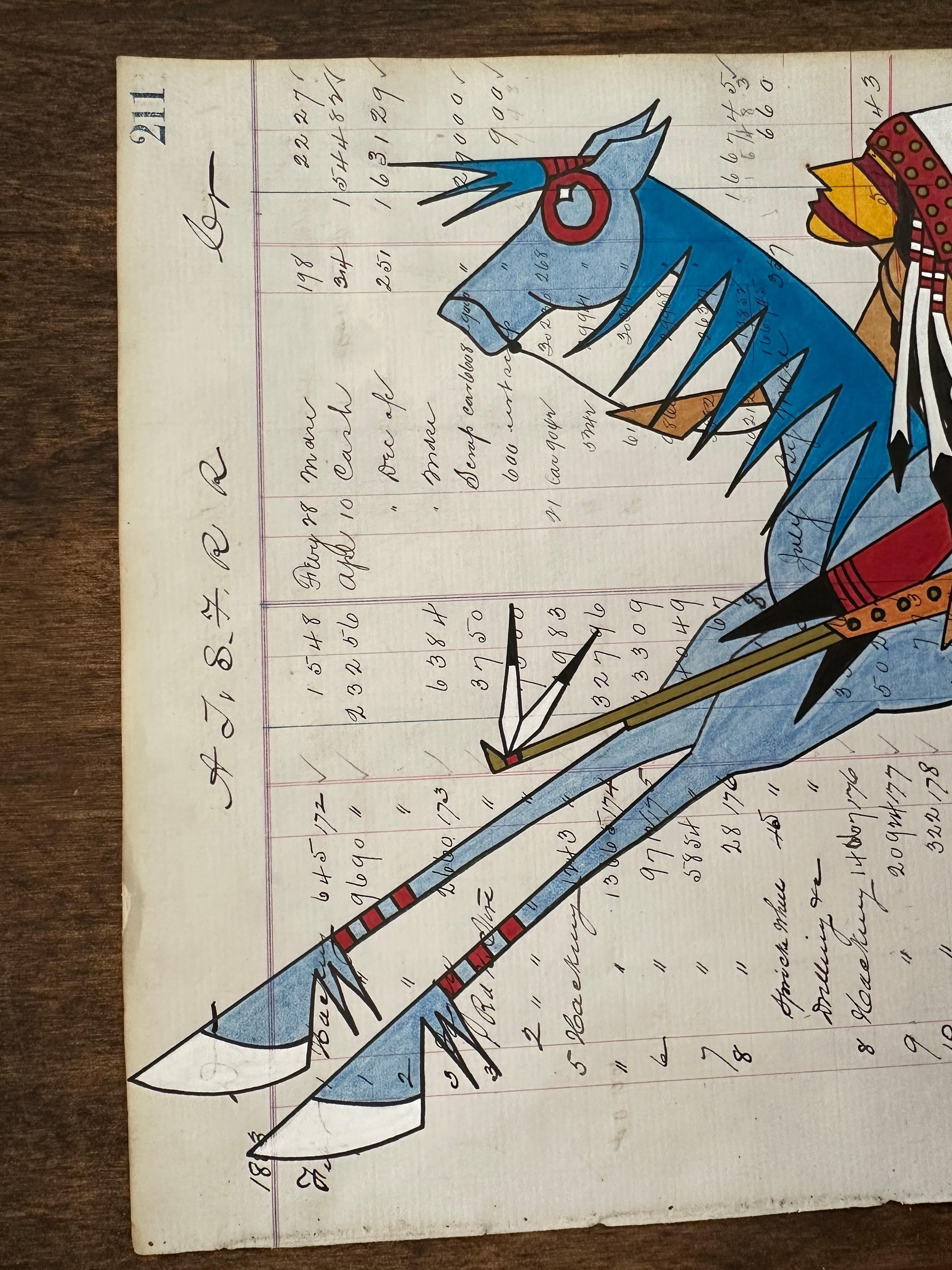 Out For More (Plains Indians Ledger Art) Guerriero indiano su cavallo blu pallido in vendita 8