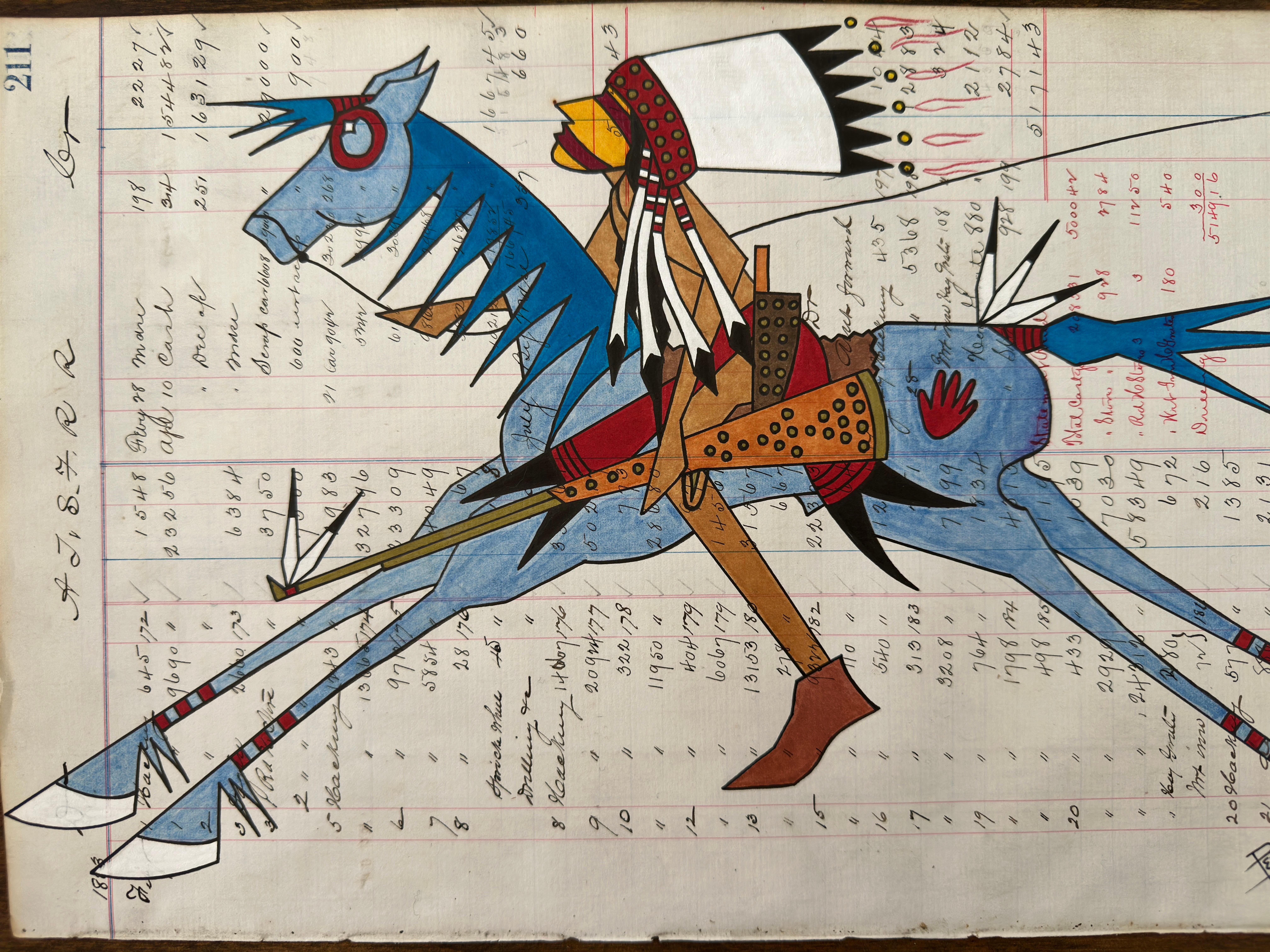 Out For More (Plains Indians Ledger Art) Guerriero indiano su cavallo blu pallido in vendita 9