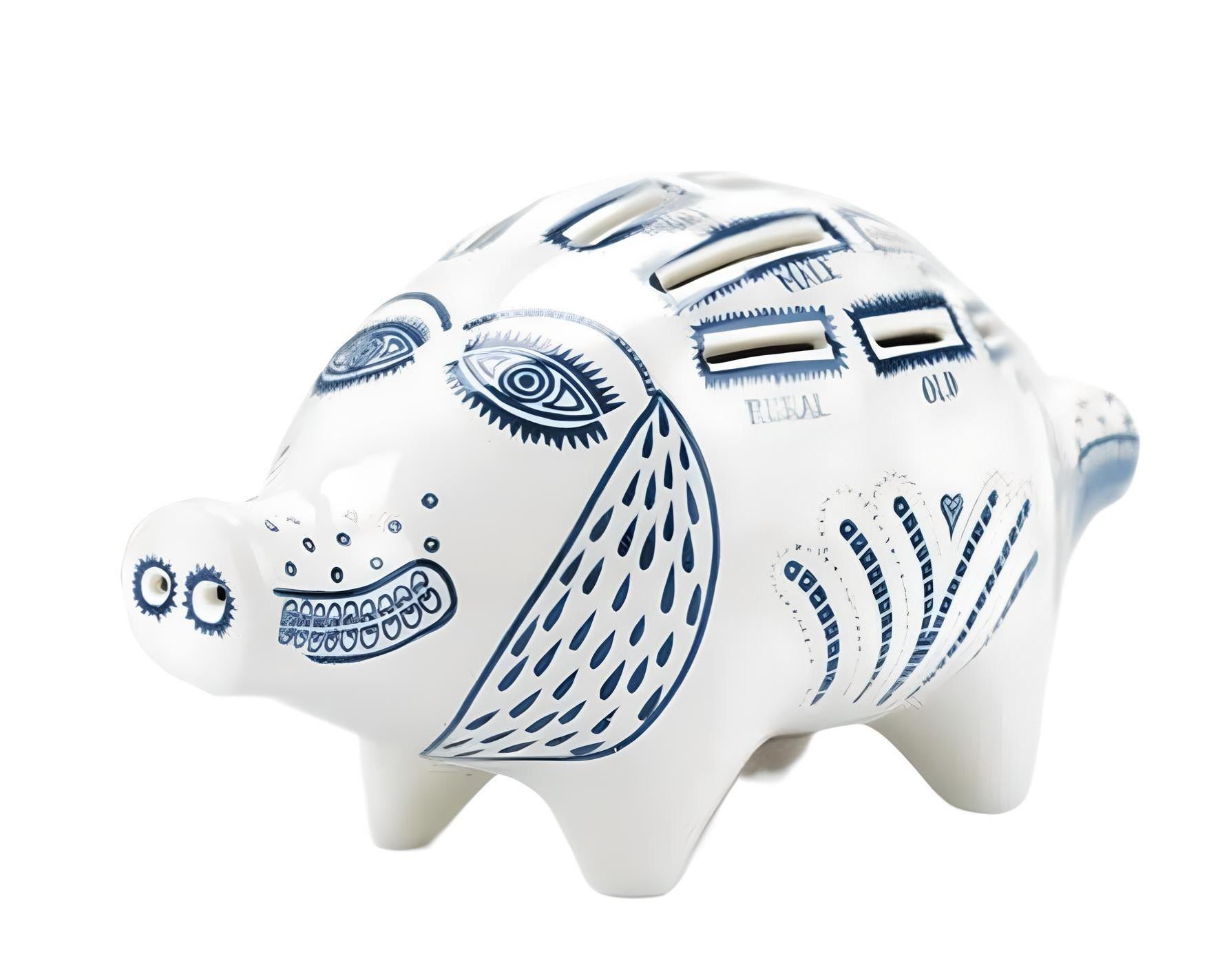 Grayson Perry
Piggy Bank, 2017
White ceramic piggy bank painted in blue and glazed, with a rubber stopper, contained in the original cardboard box. 
9 × 21 × 9 cm 

Grayson Perry is known for his ceramic works, including his iconic piggy banks.