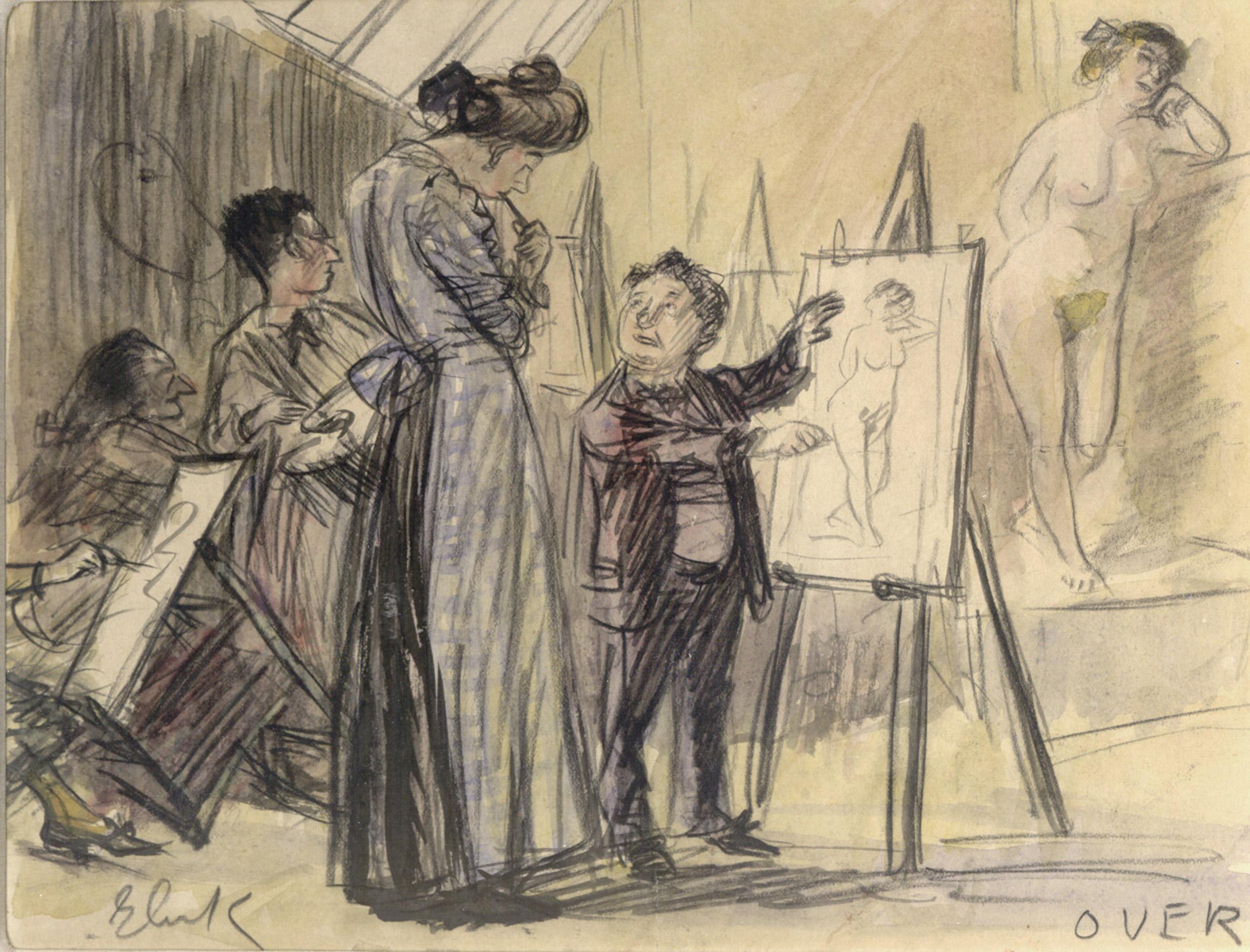 William Glackens Watercolor on Paper, "Criticizing Ernest Lawson’s Art Class"