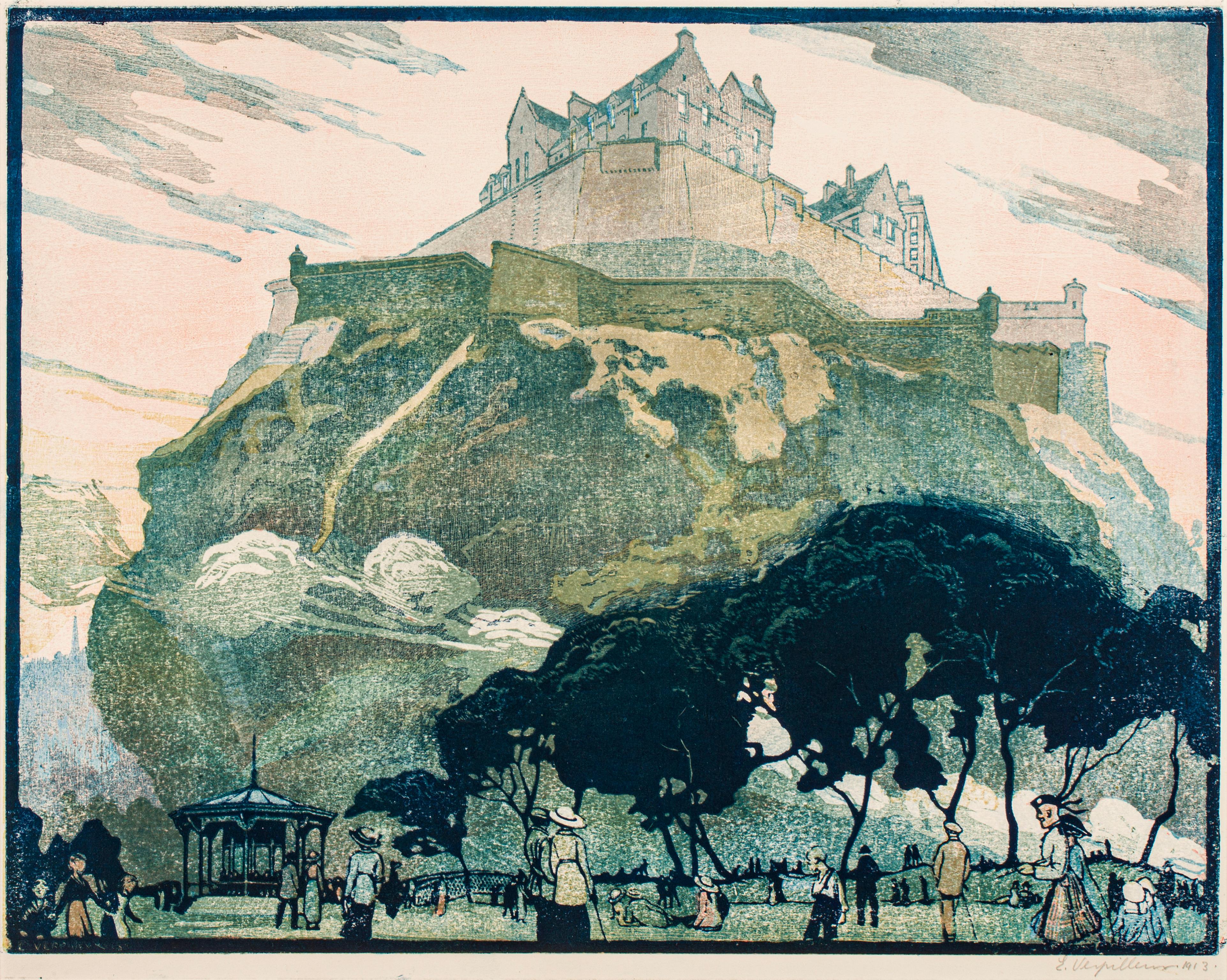 Emile Antoine Verpilleux, 1888-1964
Edinburgh Castle, 1913
Original-Holzschnitt, in Farben gedruckt
14 ½ x 18 Zoll
signiert und datiert 'E. Verpilleux 1913",  mit Bleistift