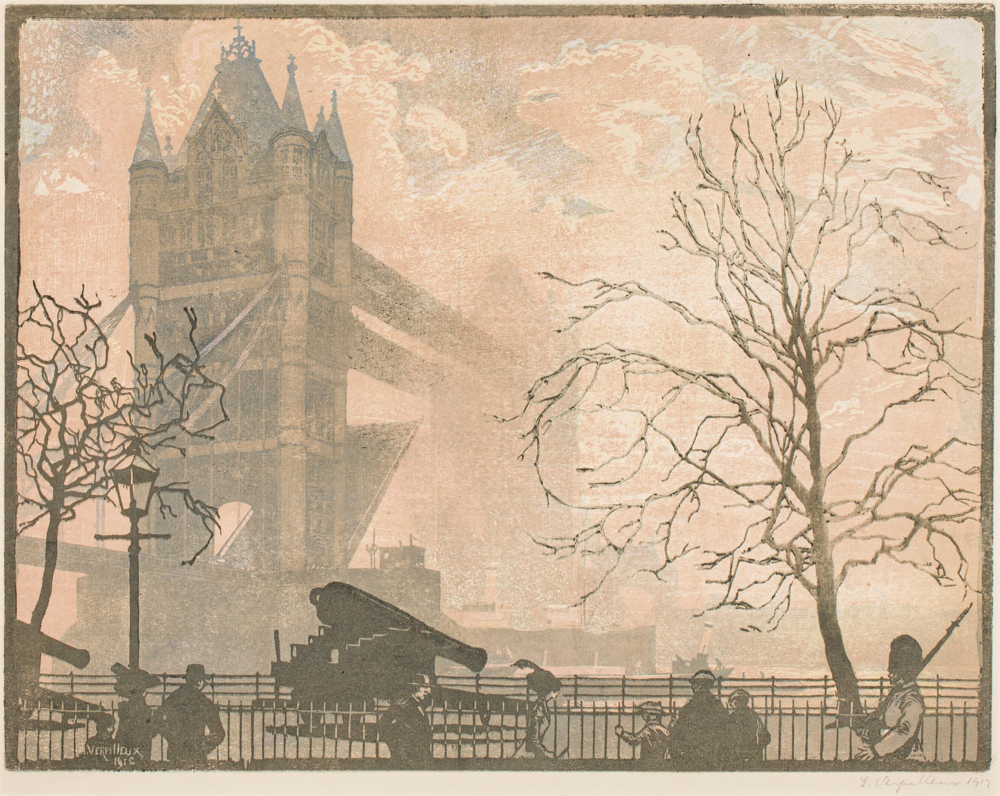 Original Holzschnitt und bedruckte Farben der Tower Bridge, Emile Antoine Verpilleux