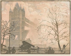 Antique Original Woodcut & Printed Colors of The Tower Bridge, Emile Antoine Verpilleux